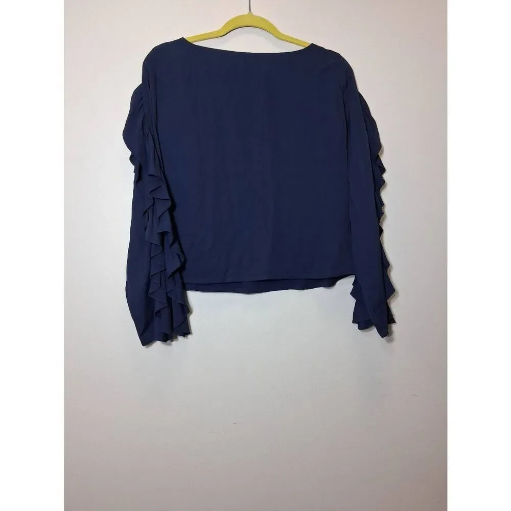 Club Monaco womens small boxy shirt navy blue ruffle sleeve boat neck
